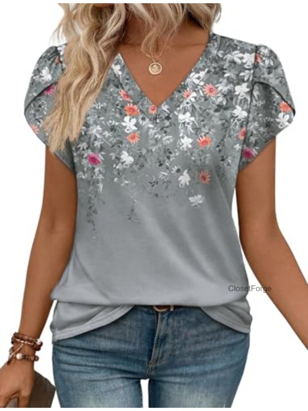 Womens V Neck Petal Sleeve Blouse Dressy Casual Summer Spring Short Sleeve Work